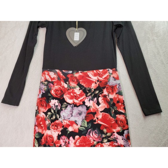 Club L Shift Dress Girls Sz 10 Black Floral Viscose Long Sleeve Off The Shoulder - Picture 4 of 8